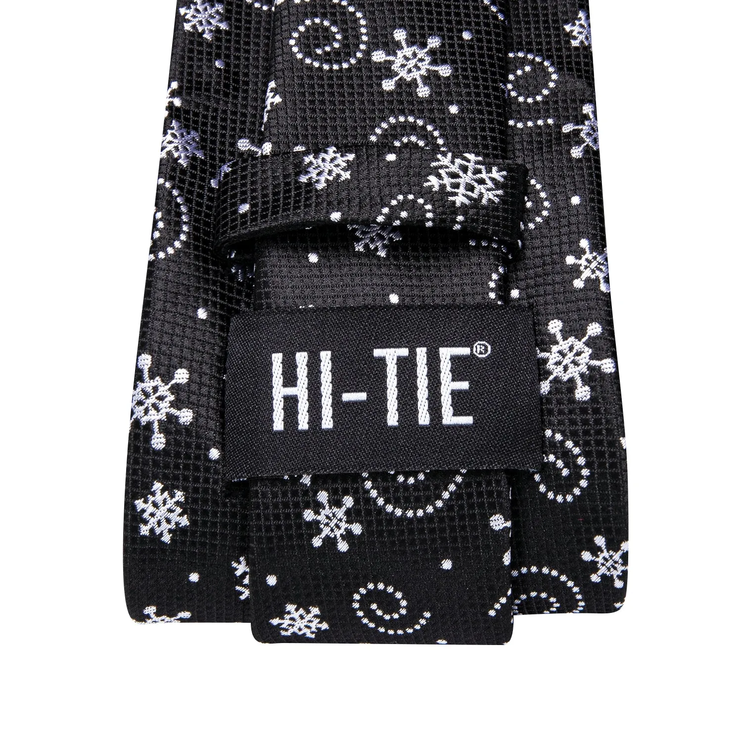 Hi-Tie Black Necktie White Snowflake Tie Pocket Square Cufflinks Set