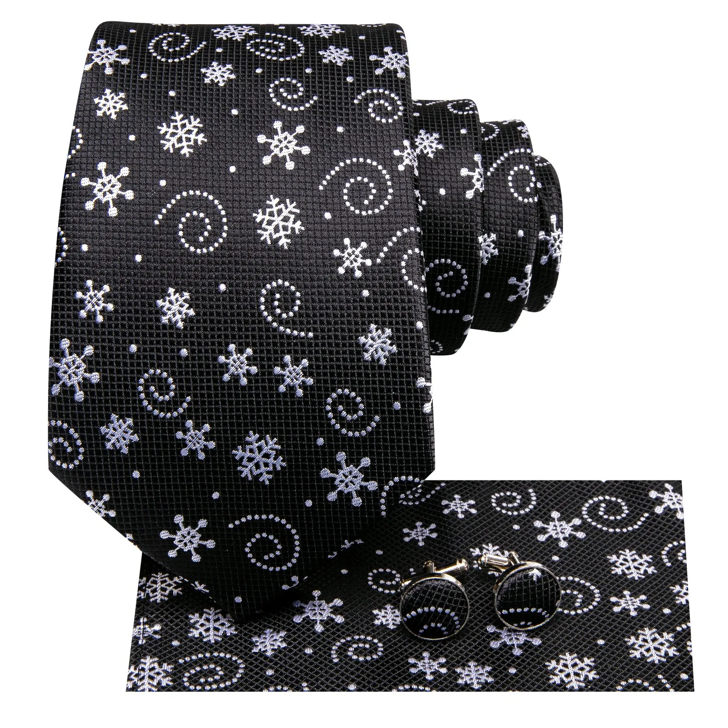 Hi-Tie Black Necktie White Snowflake Tie Pocket Square Cufflinks Set