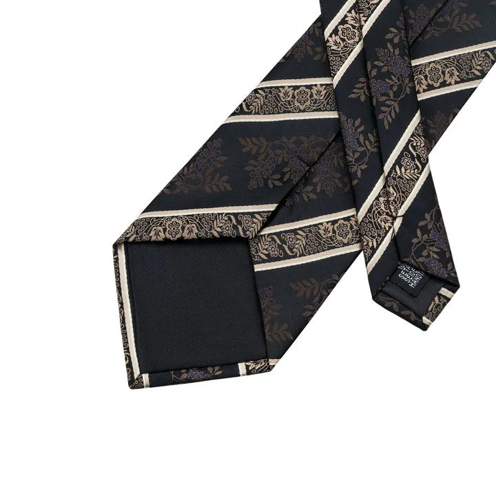 Hi-Tie Black Neckties Beige Jacquard Floral Tie Hanky Cufflinks Set