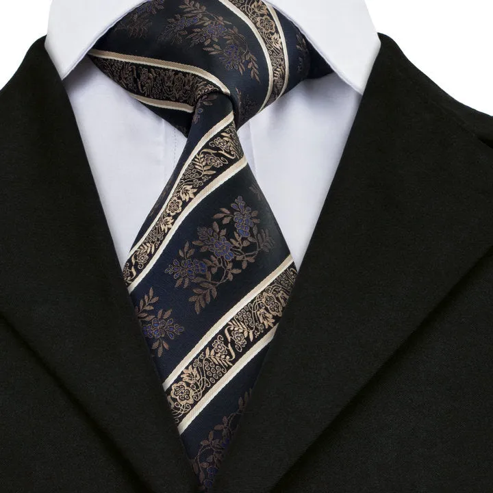 Hi-Tie Black Neckties Beige Jacquard Floral Tie Hanky Cufflinks Set