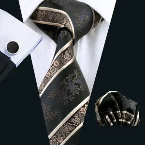 Hi-Tie Black Neckties Beige Jacquard Floral Tie Hanky Cufflinks Set