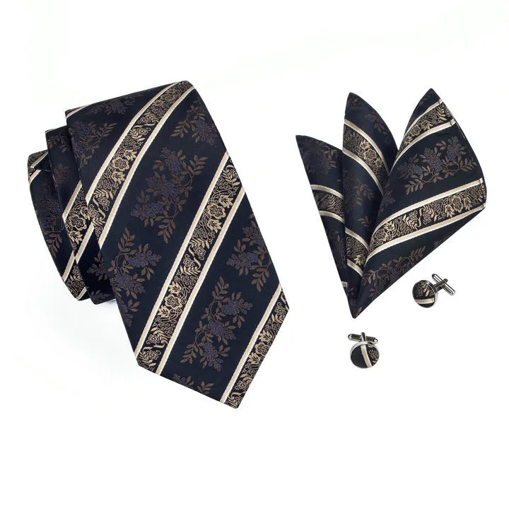 Hi-Tie Black Neckties Beige Jacquard Floral Tie Hanky Cufflinks Set