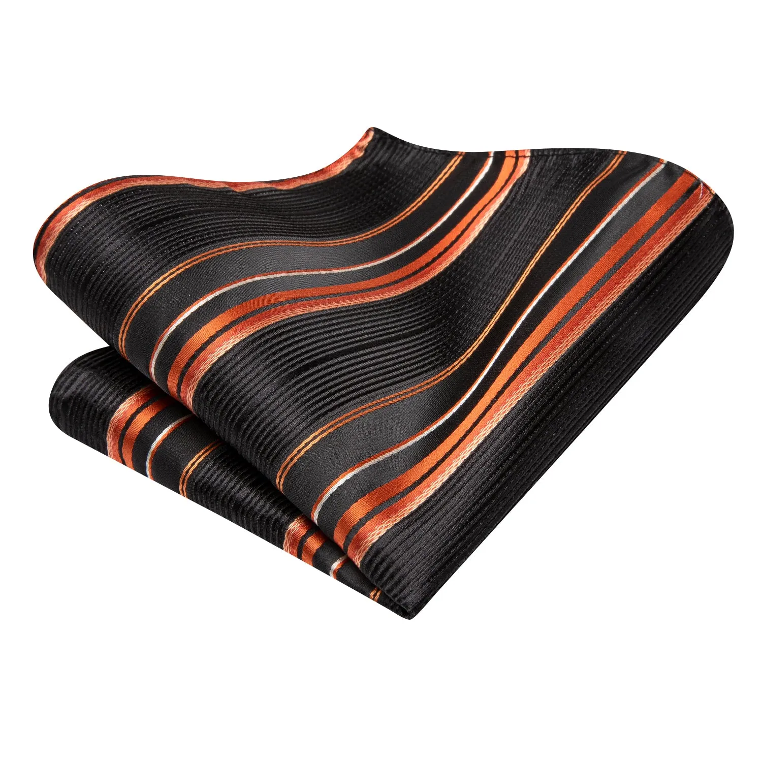 Hi-Tie Black Orange Striped Wedding Tie Pocket Square Cufflinks Set