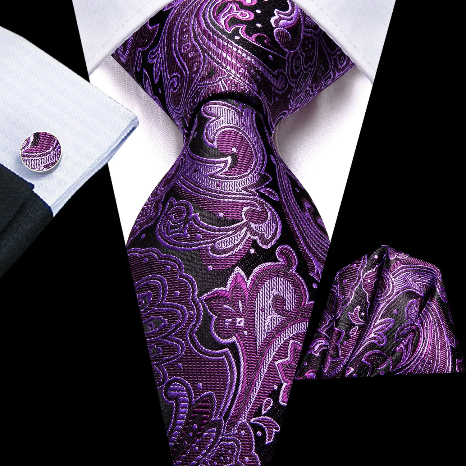 Hi-Tie Black Purple Neck Ties Paisley Tie Pocket Square Cufflinks Set