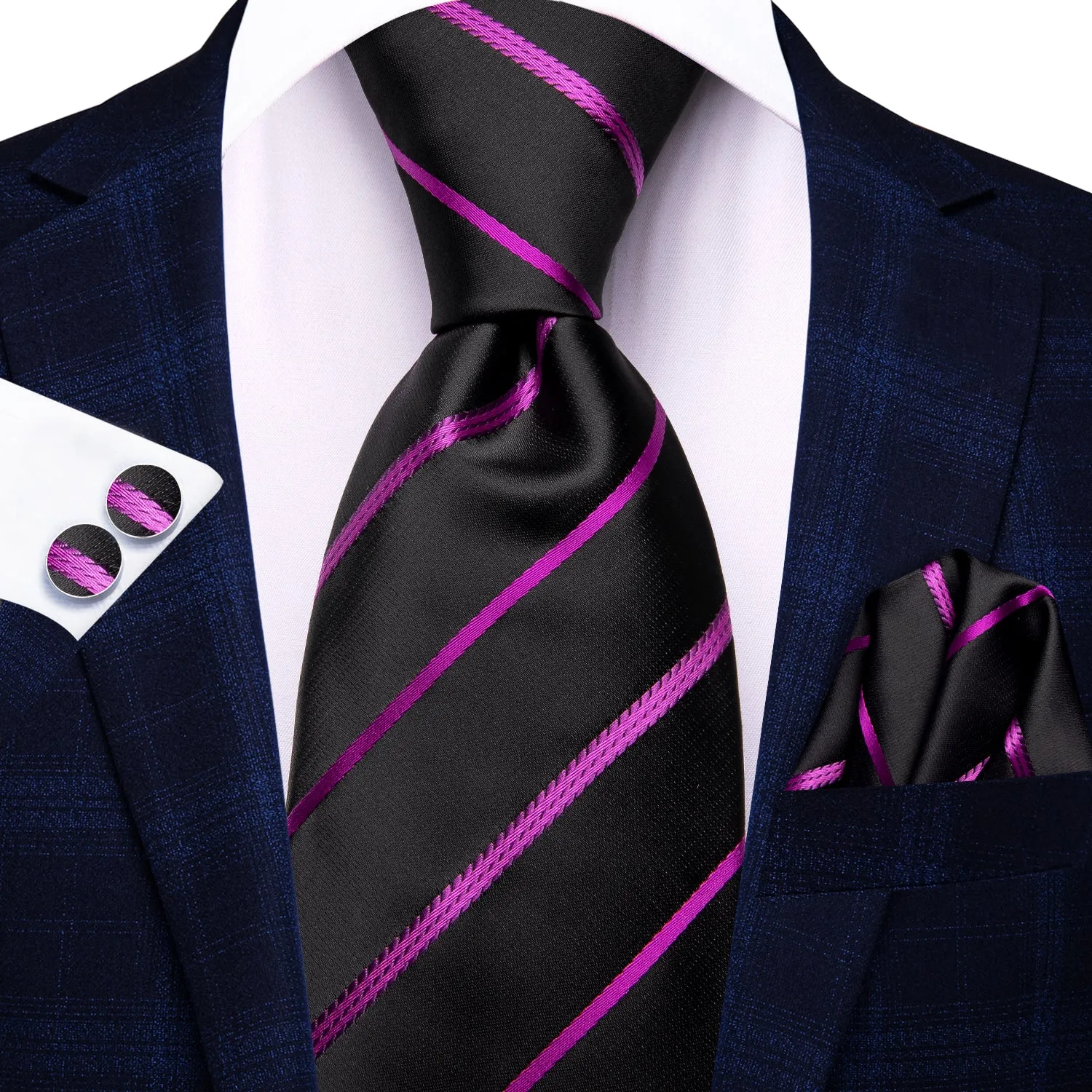 Hi-Tie Black Purple Striped Men's Tie Pocket Square Cufflinks Set