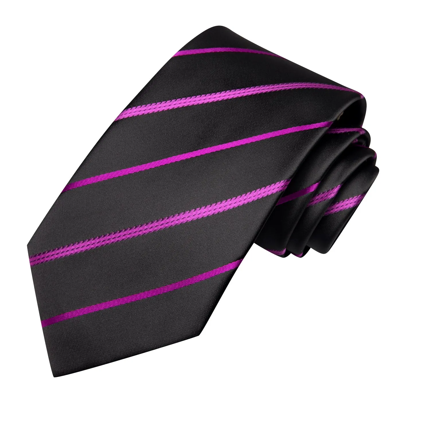 Hi-Tie Black Purple Striped Men's Tie Pocket Square Cufflinks Set