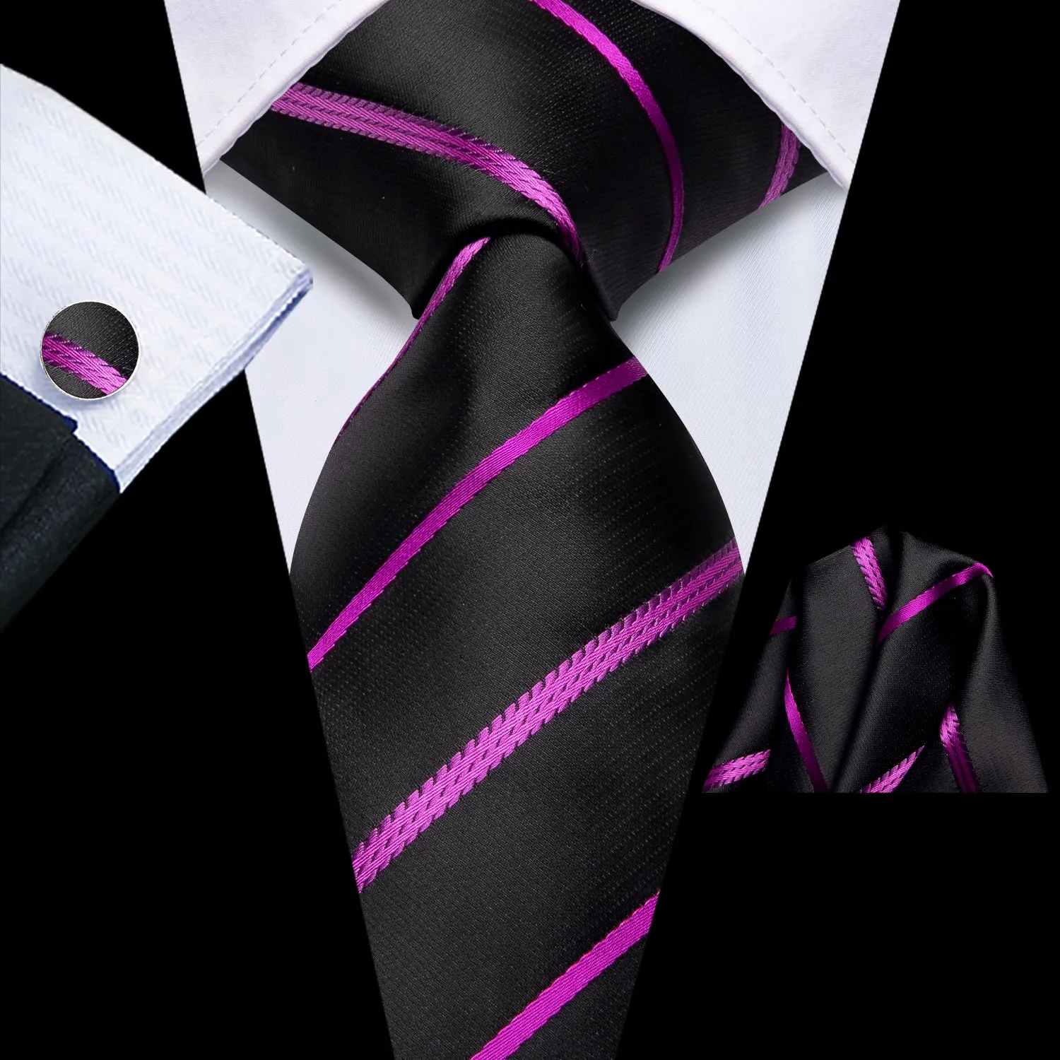 Hi-Tie Black Purple Striped Men's Tie Pocket Square Cufflinks Set