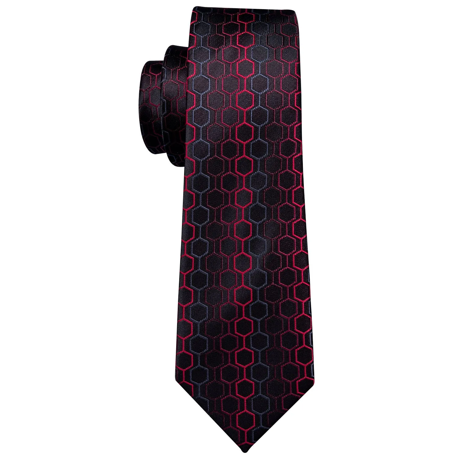 Hi-Tie Black Red Geometric Plaid Silk Tie Pocket Square Cufflinks Set