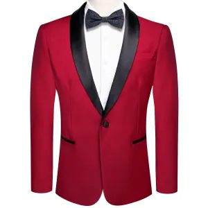 Hi-Tie Black Shawl Collar Crimson Red Solid Blazer Bowtie Suit Set