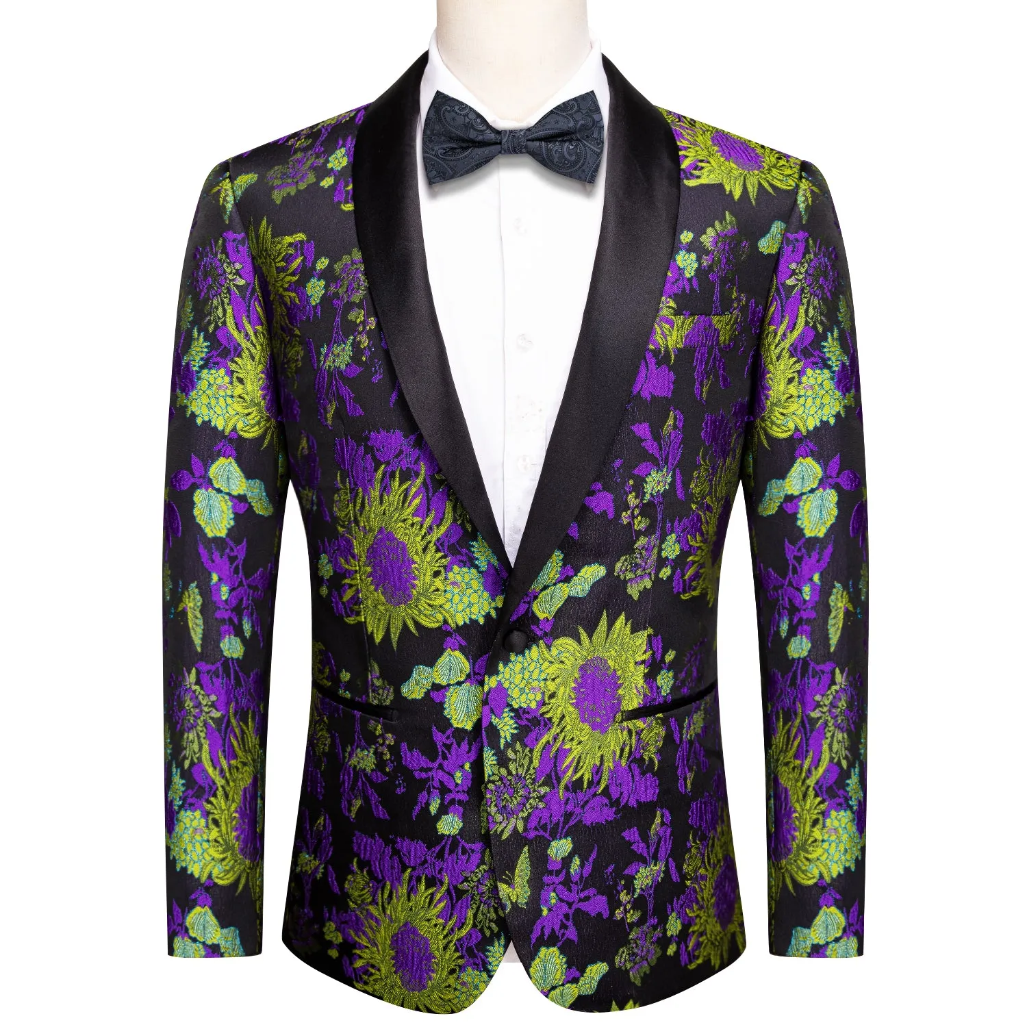 Hi-Tie Black Shawl Lapel Luxury Black Yellow Purple Floral Men's Suit