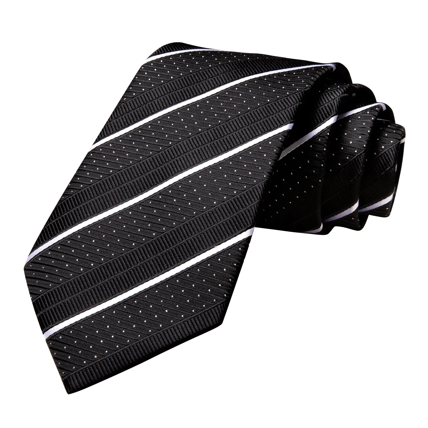 Hi-Tie Black Strip with White Dot Necktie Pocket Square Cufflinks Set