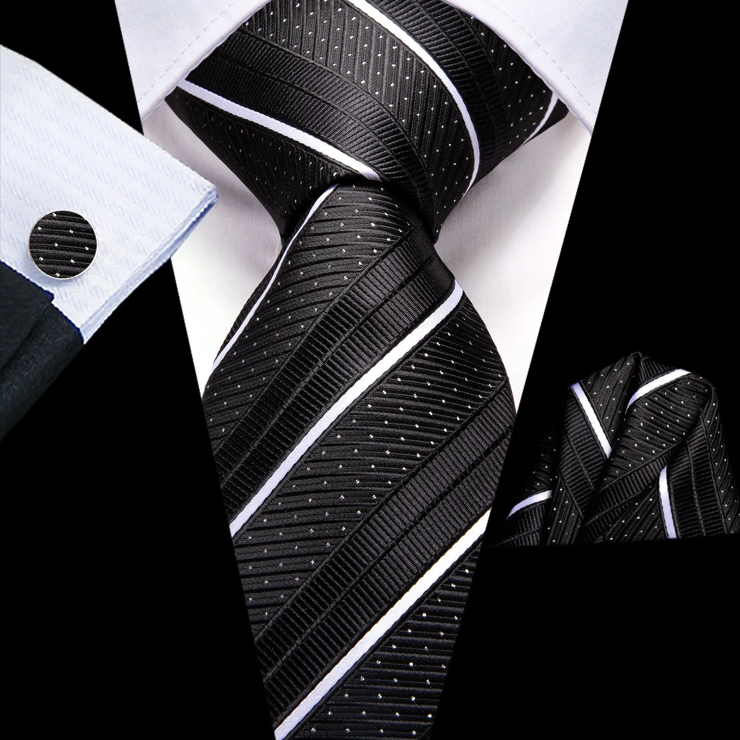 Hi-Tie Black Strip with White Dot Necktie Pocket Square Cufflinks Set