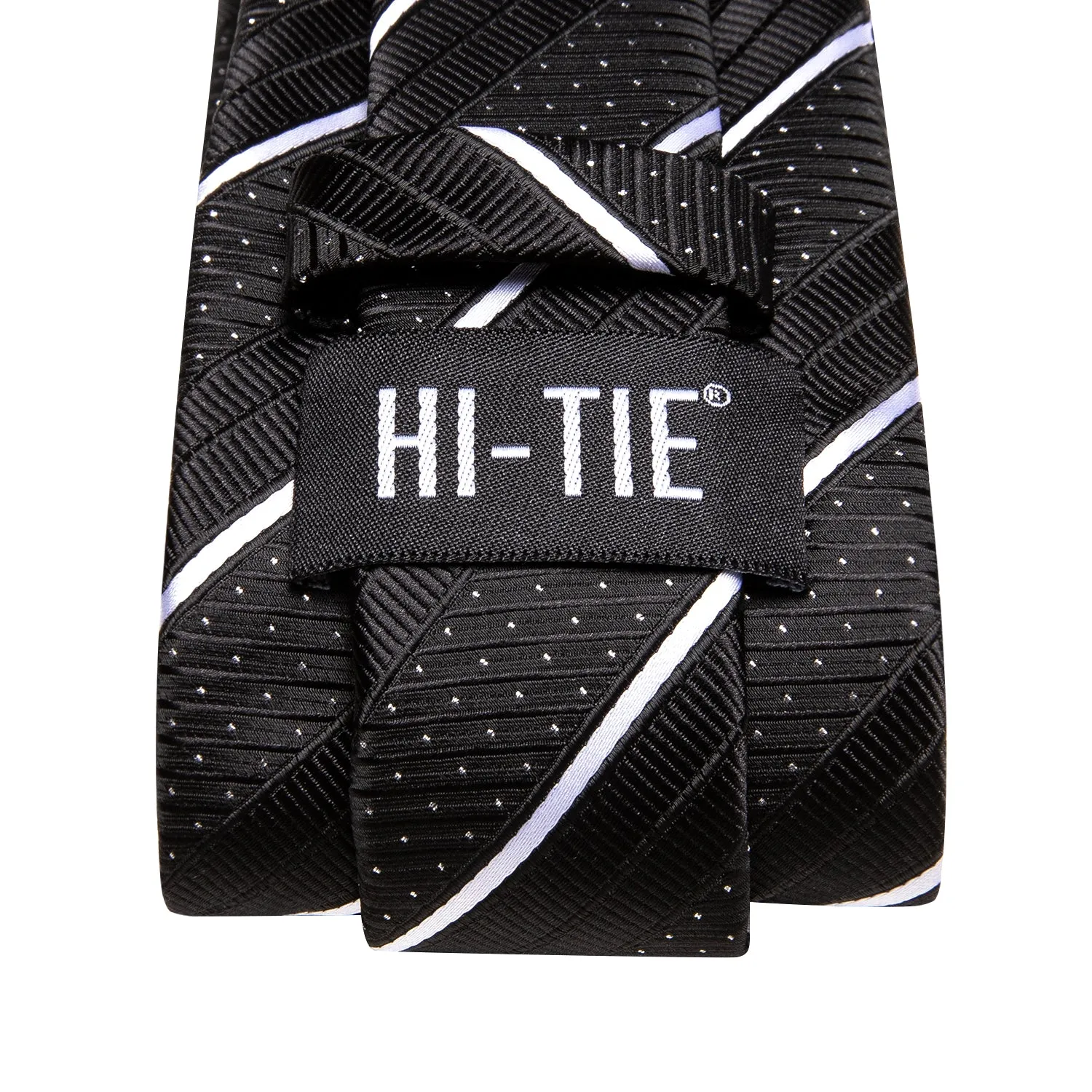 Hi-Tie Black Strip with White Dot Necktie Pocket Square Cufflinks Set