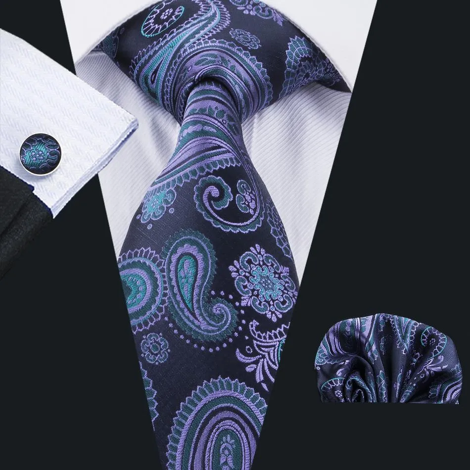 Hi-Tie Black Tie Blue Purple Paisley Silk 63 Inches Men's Necktie Set