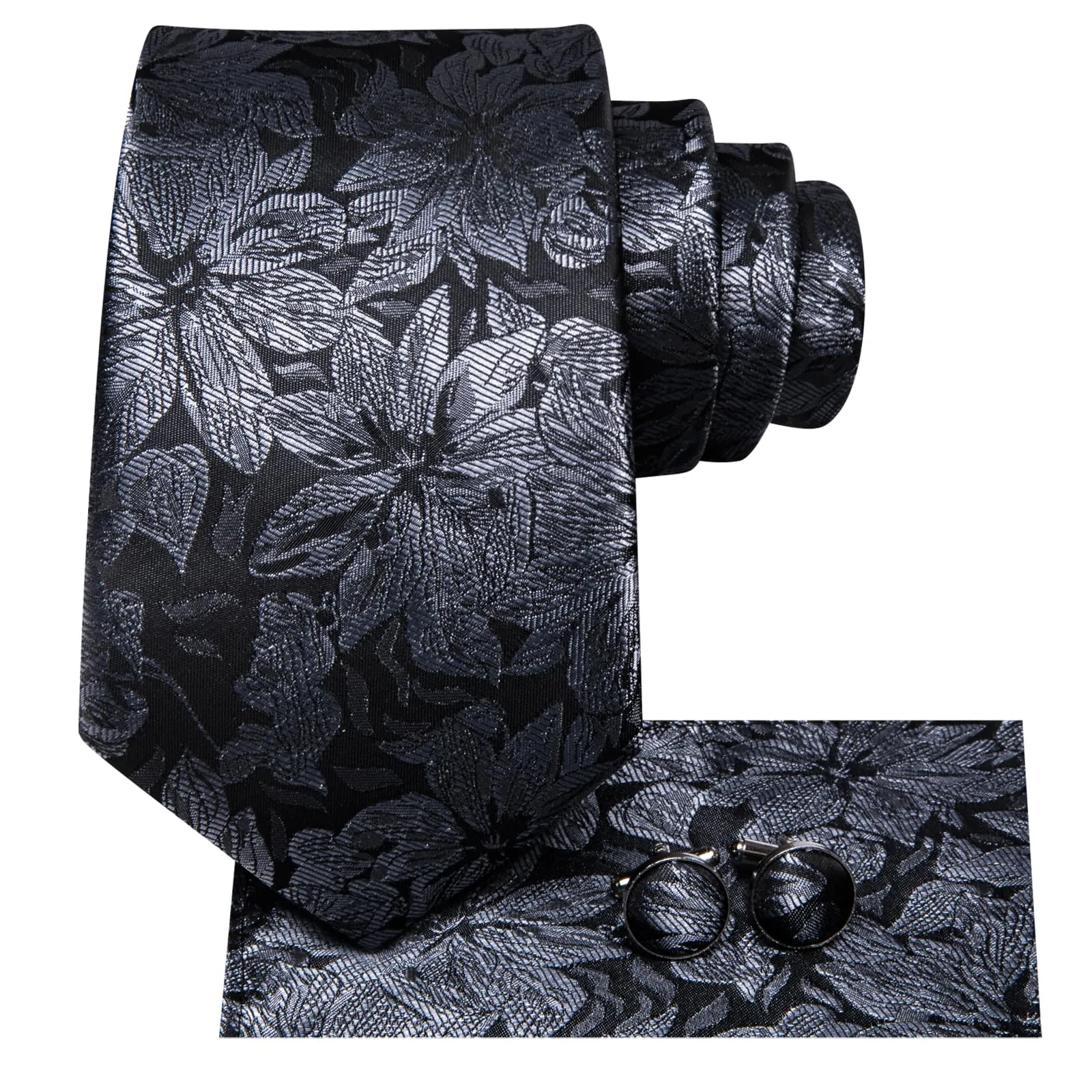 Hi-Tie Black Tie Dark Grey Floral Formal Wedding Necktie Set for Men