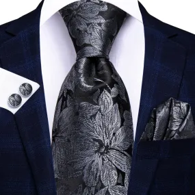 Hi-Tie Black Tie Dark Grey Floral Formal Wedding Necktie Set for Men