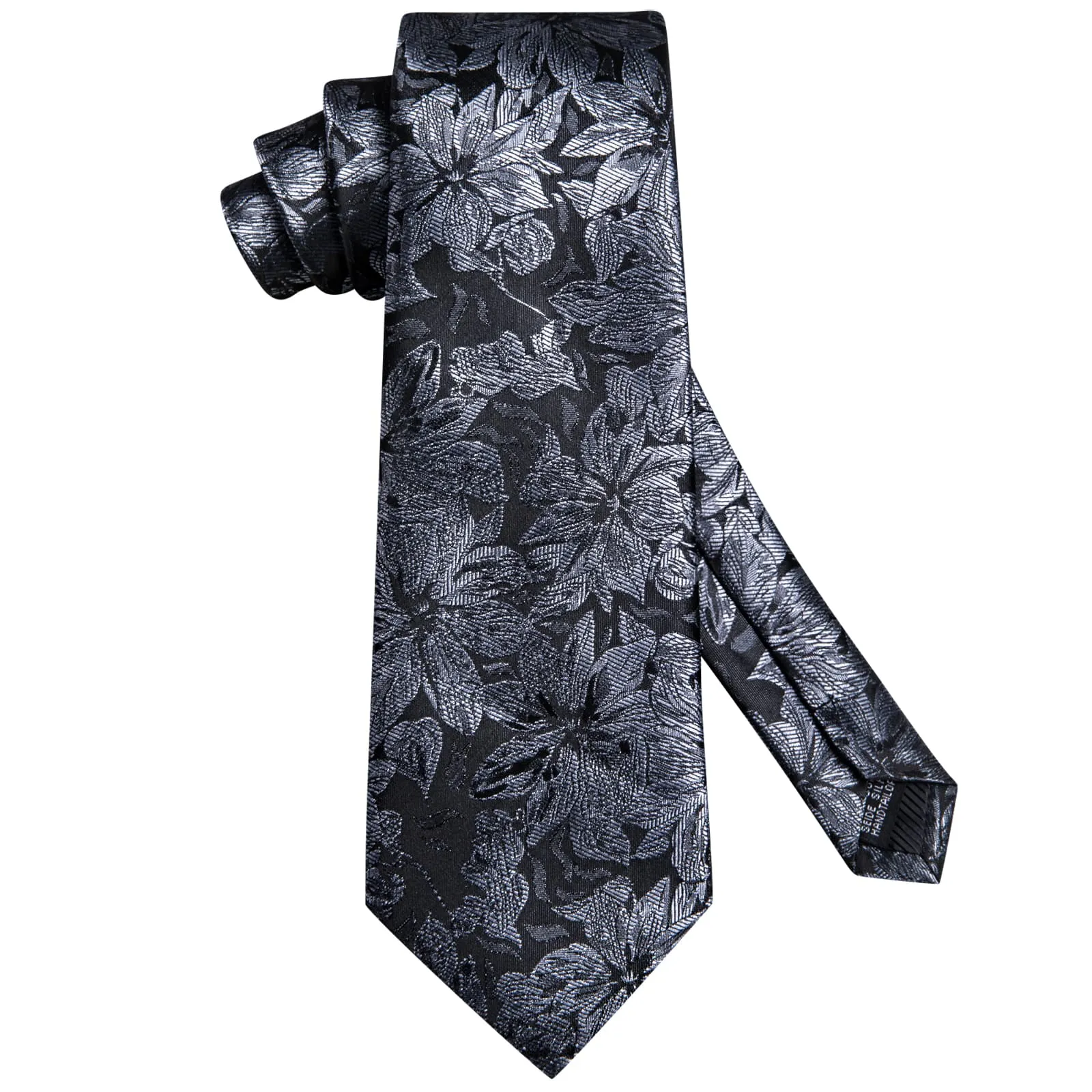 Hi-Tie Black Tie Dark Grey Floral Formal Wedding Necktie Set for Men