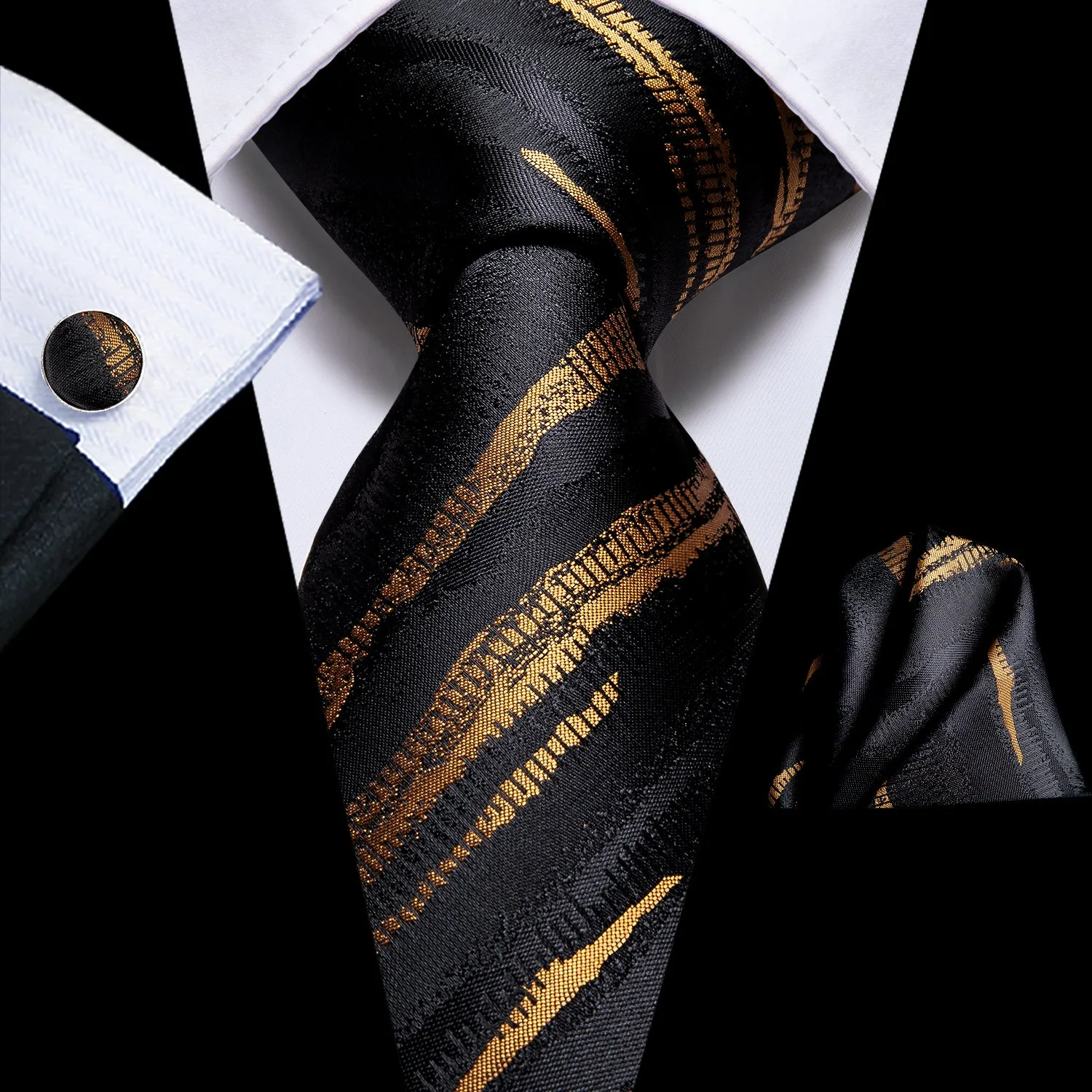 Hi-Tie Black Tie Gold Jacquard Pattern Tie Pocket Square Cufflinks Set