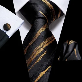 Hi-Tie Black Tie Gold Jacquard Pattern Tie Pocket Square Cufflinks Set