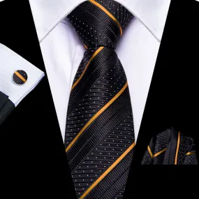 Hi-Tie Black Tie White Dots Gold Stripes Mens Novelty Pre-Tied Tie Set