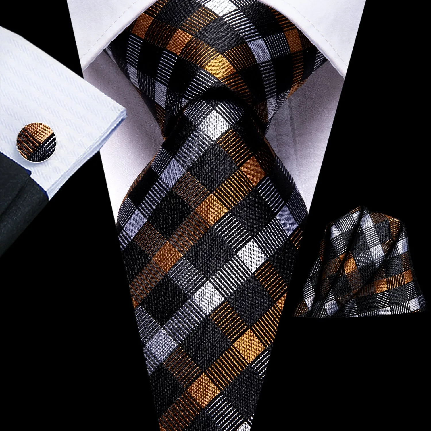 Hi-Tie Black Ties Golden White Plaid Tie Pocket Square Cufflinks Set