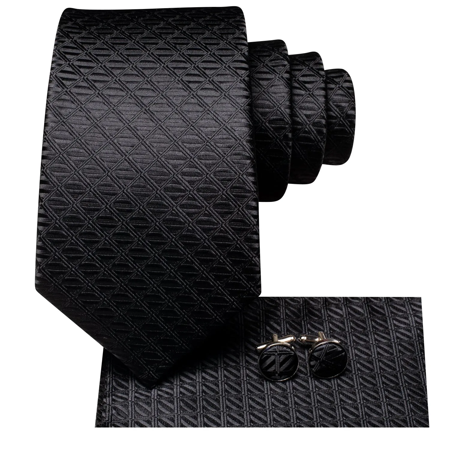 Hi-Tie Black Ties Novelty Plaid Silk Tie Pocket Square Cufflinks Set