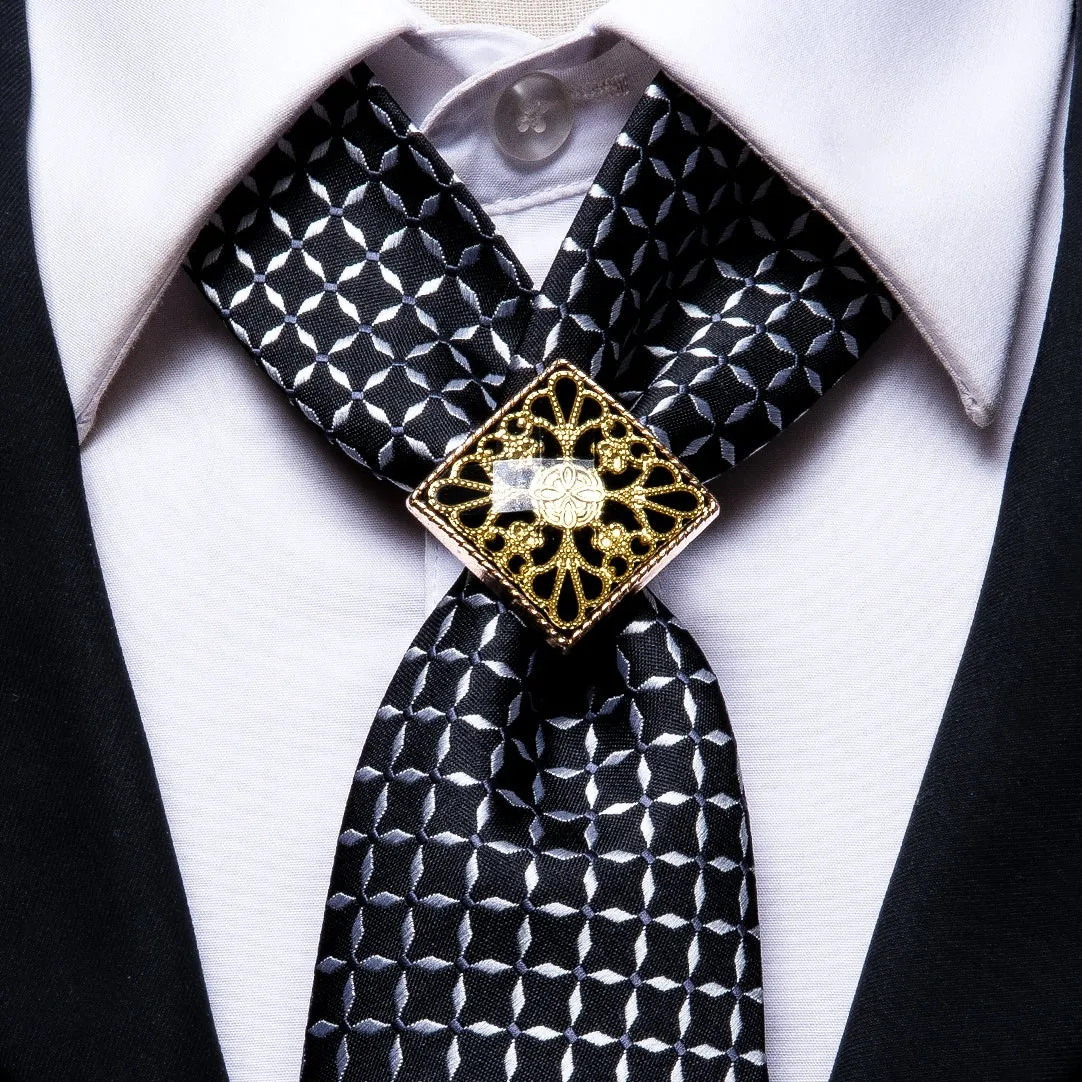 Hi-Tie Black White Plaid Poirot Tie Ring Pocket Square Cufflinks Set