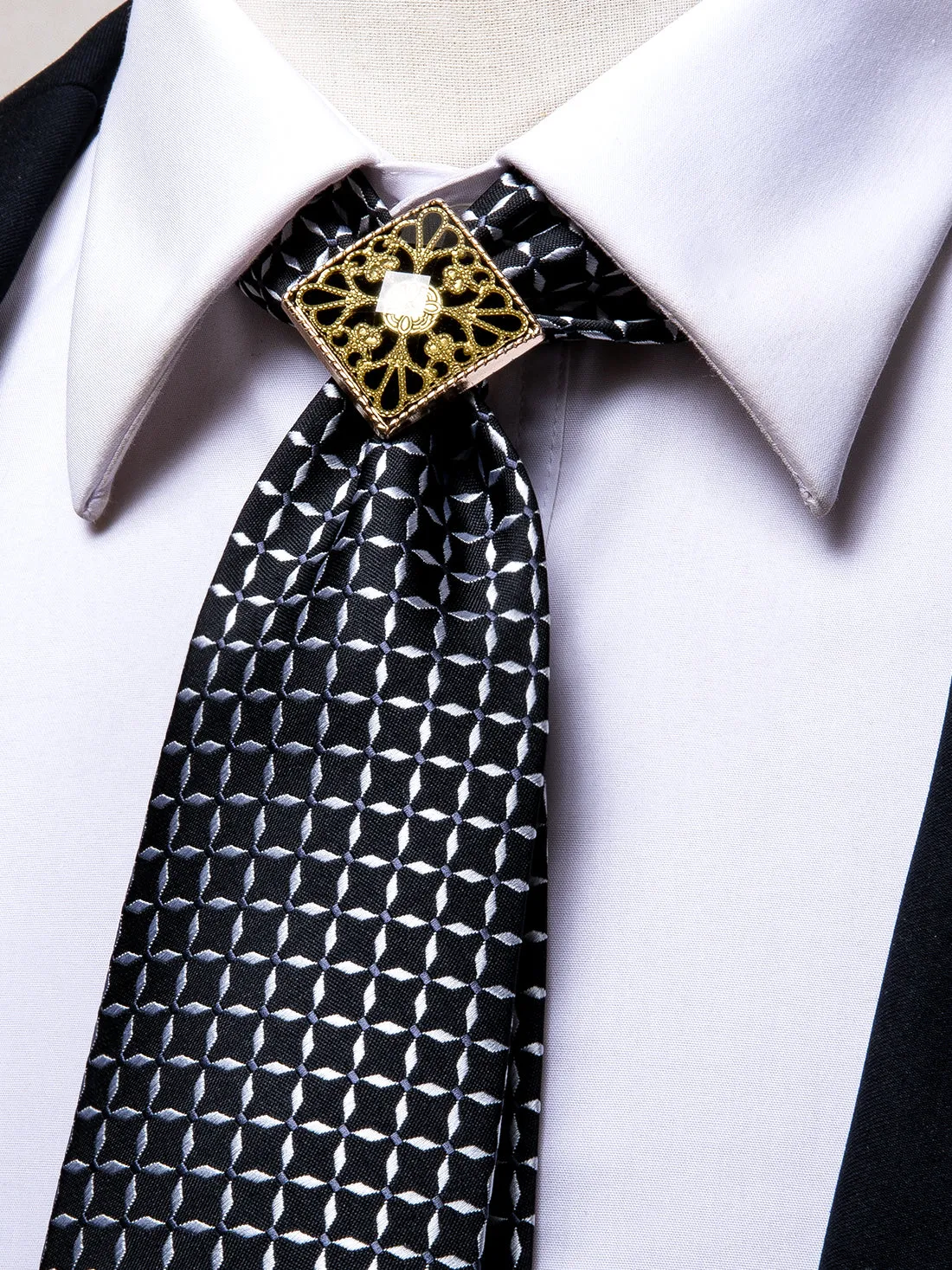 Hi-Tie Black White Plaid Poirot Tie Ring Pocket Square Cufflinks Set