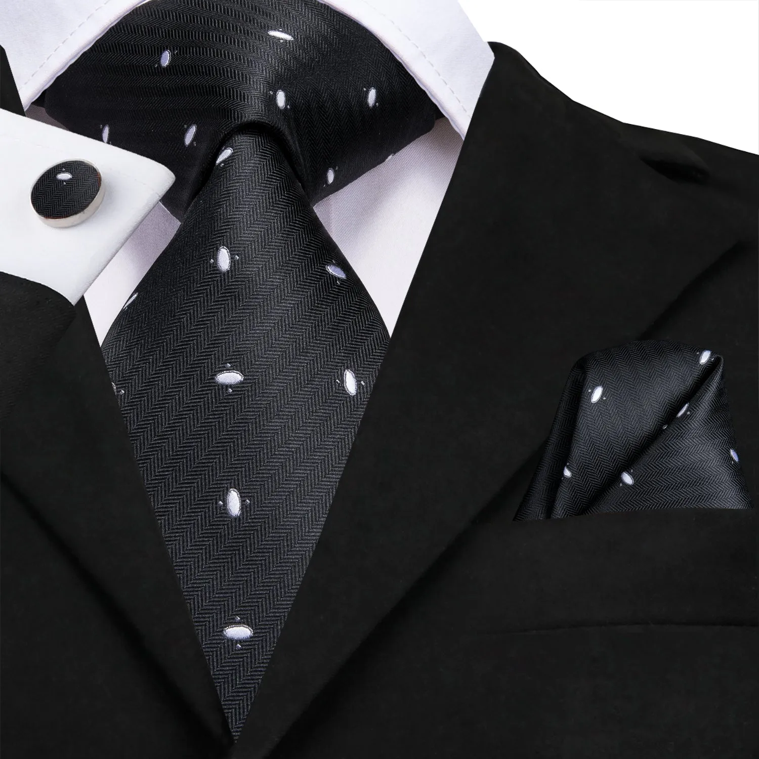 Hi-Tie Black White Polka Dot Necktie Pocket Square Cufflinks Sets