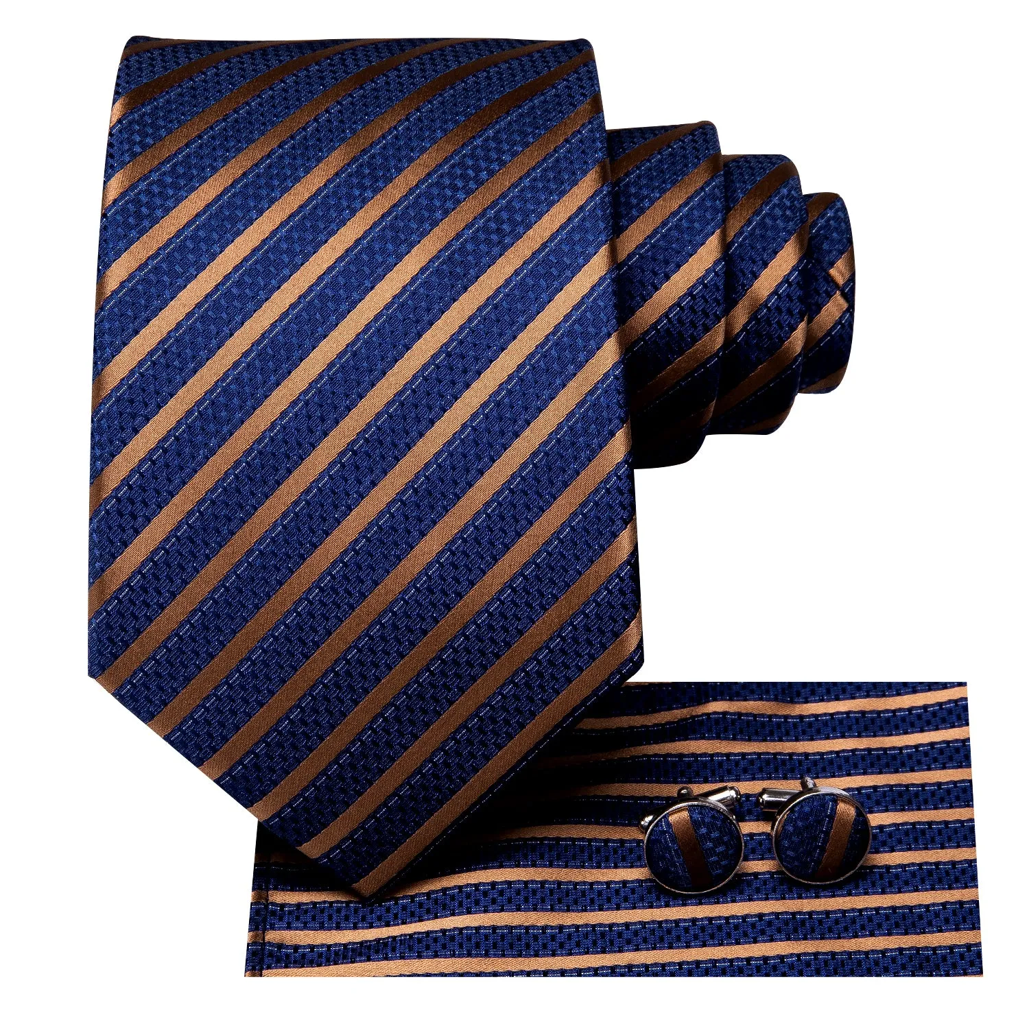 Hi-Tie Blue Gold Striped Tie Handkerchief Cufflinks Set with Wedding Brooch