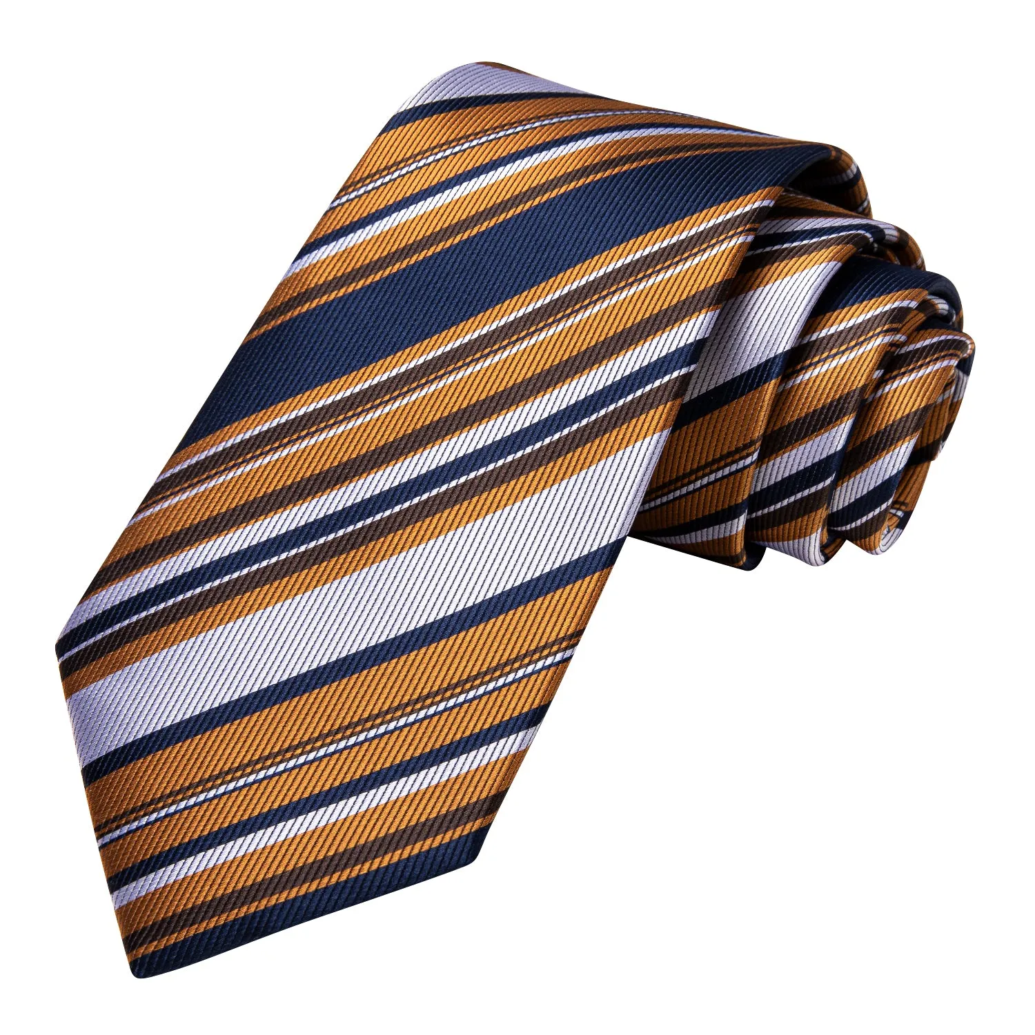 Hi-Tie Blue Golden White Striped Necktie Pocket Square Cufflinks Set