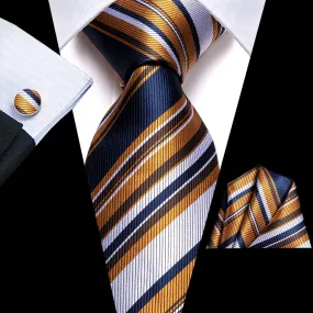 Hi-Tie Blue Golden White Striped Necktie Pocket Square Cufflinks Set