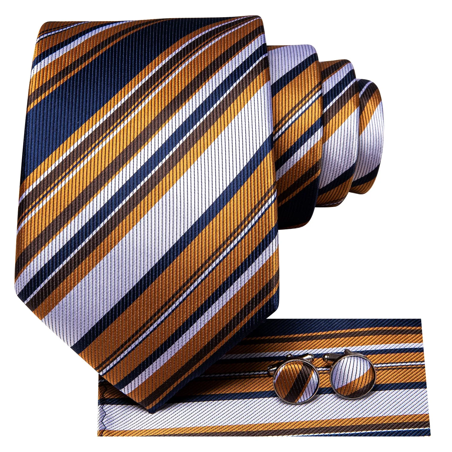 Hi-Tie Blue Golden White Striped Necktie Pocket Square Cufflinks Set