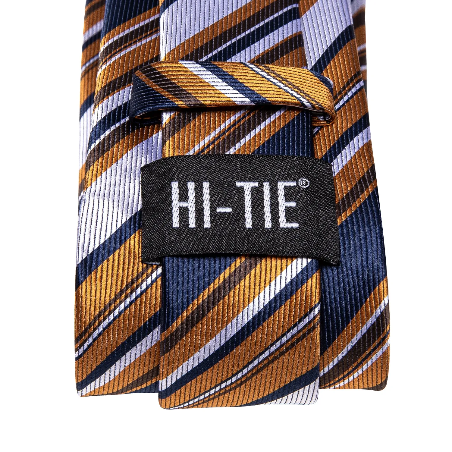 Hi-Tie Blue Golden White Striped Necktie Pocket Square Cufflinks Set