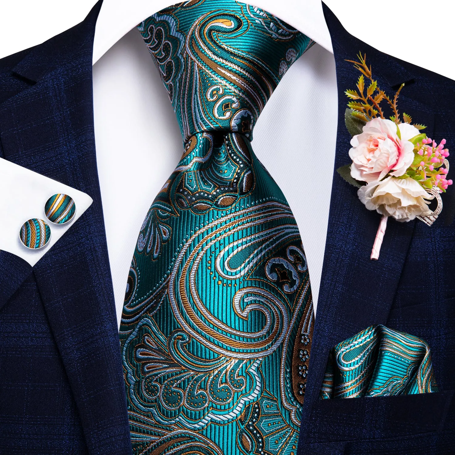 Hi-Tie Blue Green Paisley Tie Hanky Cufflinks Set with Wedding Brooch