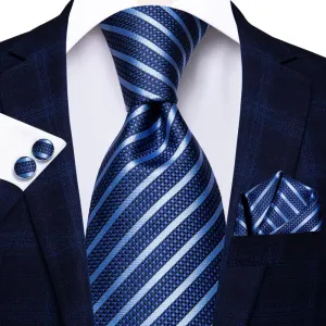 Hi-Tie Blue Necktie Classic Blue Striped Tie Handkerchief Cufflinks Set