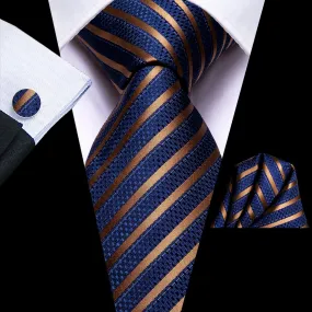 Hi-Tie Blue Necktie Gold Striped Silk Tie Pocket Square Cufflinks Set