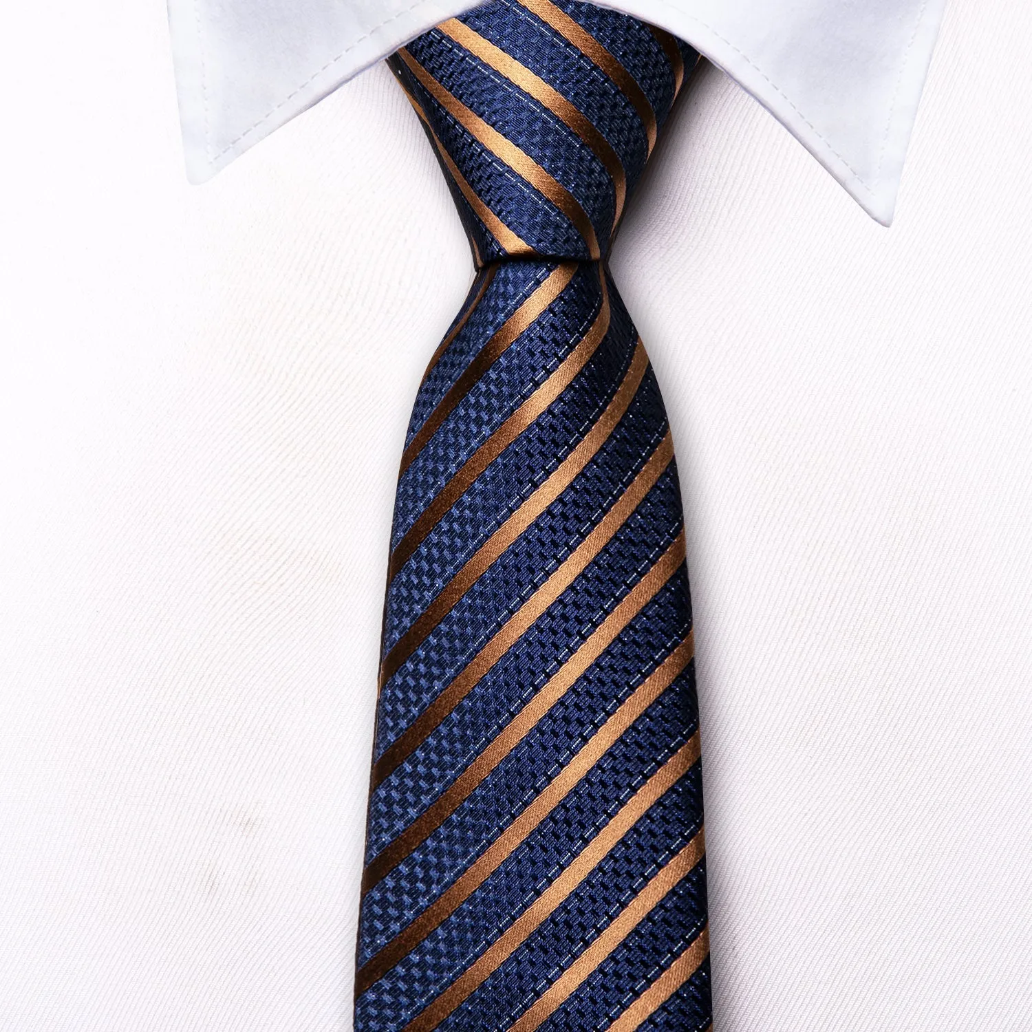 Hi-Tie Blue Necktie Gold Striped Silk Tie Pocket Square Cufflinks Set