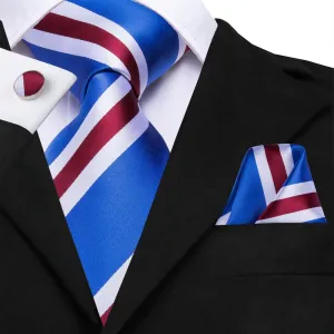 Hi-Tie Blue Necktie Red White Stripes Tie Pocket Square Cufflinks Set