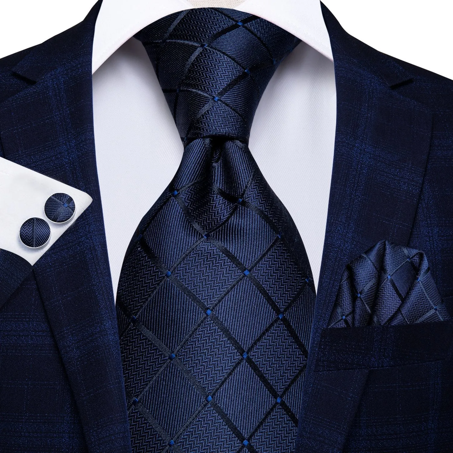 Hi-Tie Blue Plaid Tie Handkerchief Cufflinks Set with Wedding Brooch