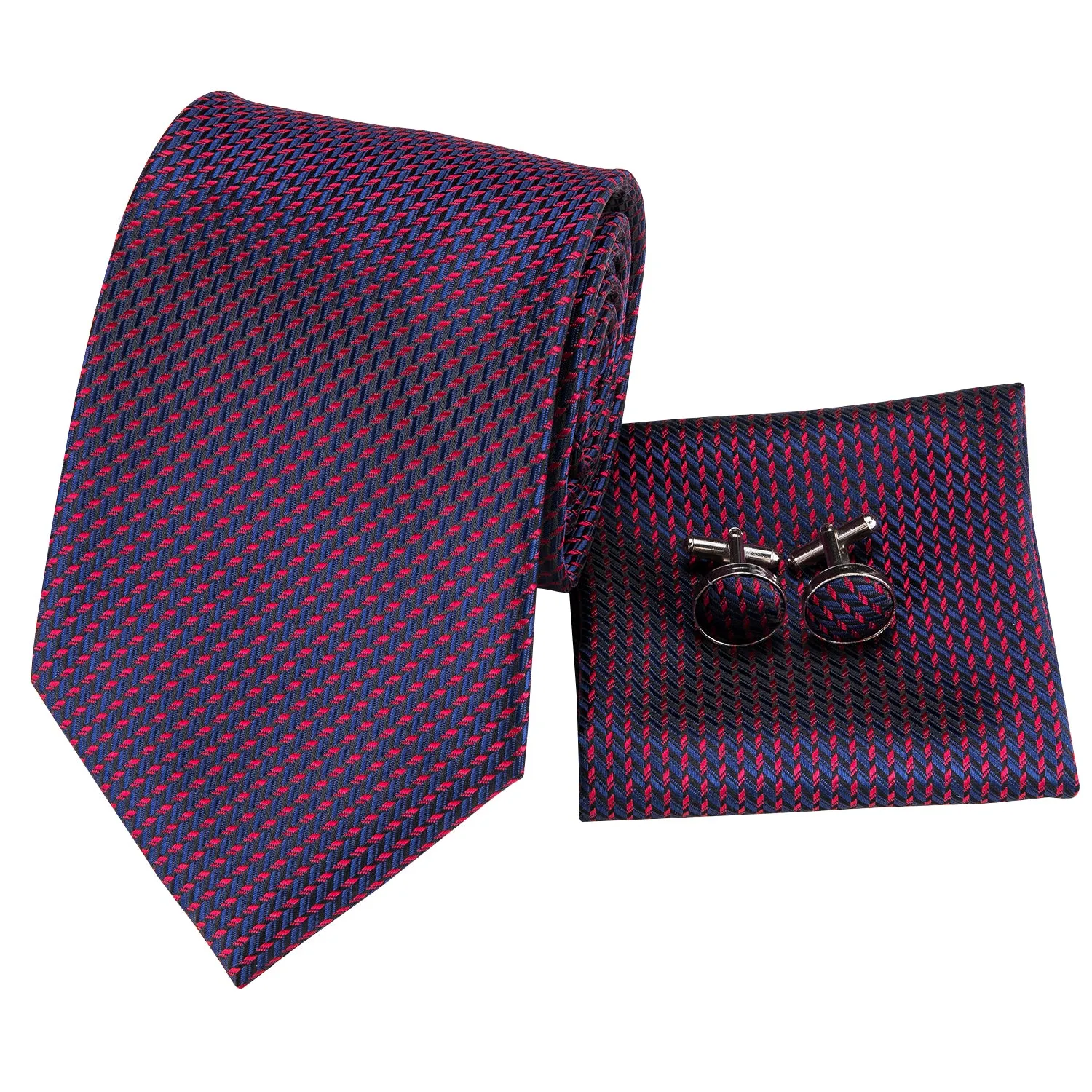 Hi-Tie Blue Red Striped Mens Geometric Tie Pocket Square Cufflinks Set