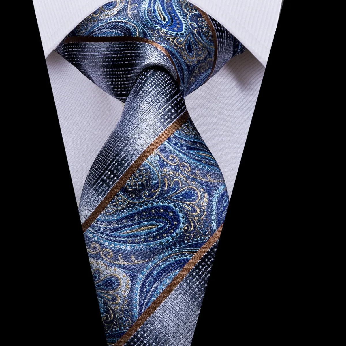 Hi-Tie Blue Silver Paisley Silk Necktie Pocket Square Cufflinks Set