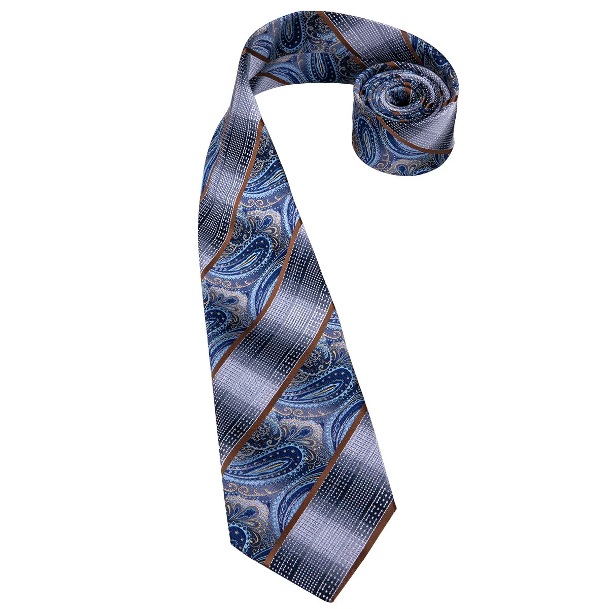 Hi-Tie Blue Silver Paisley Silk Necktie Pocket Square Cufflinks Set