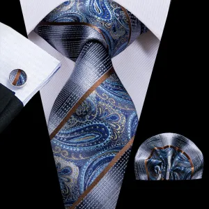 Hi-Tie Blue Silver Paisley Silk Necktie Pocket Square Cufflinks Set