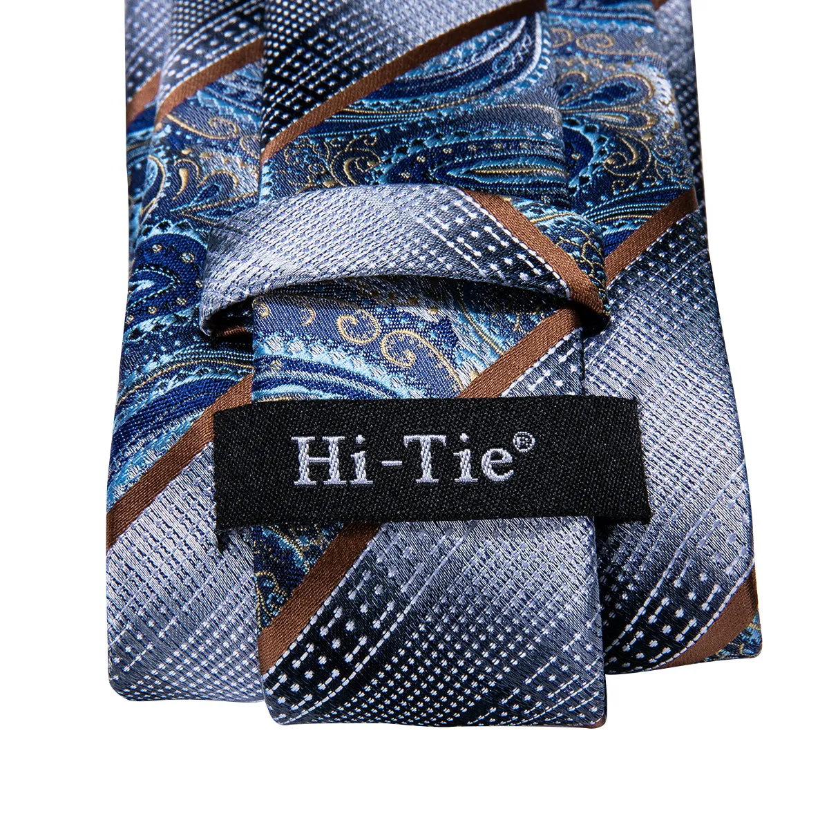 Hi-Tie Blue Silver Paisley Silk Necktie Pocket Square Cufflinks Set