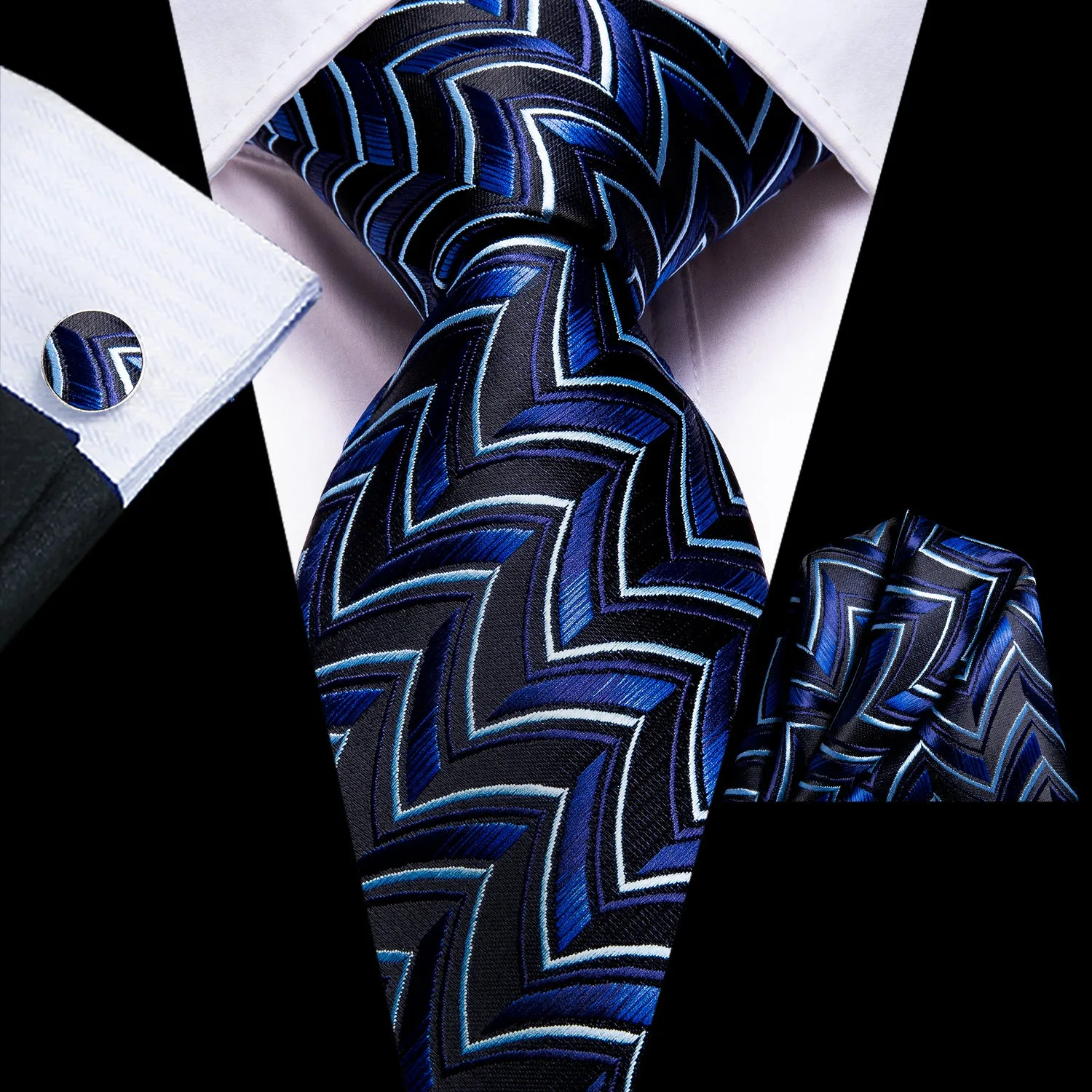 Hi-Tie Blue Striped Novelty Tie Pocket Square Cufflinks Set