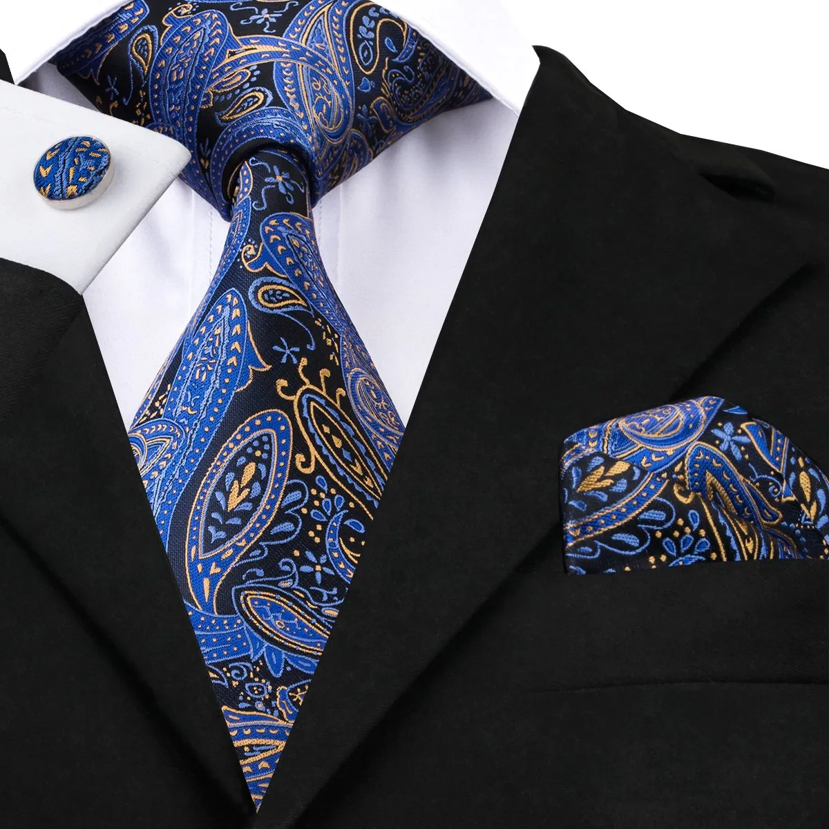 Hi-Tie Blue Yellow Paisley Tie Pocket Square Cufflinks Set Gift Box Set