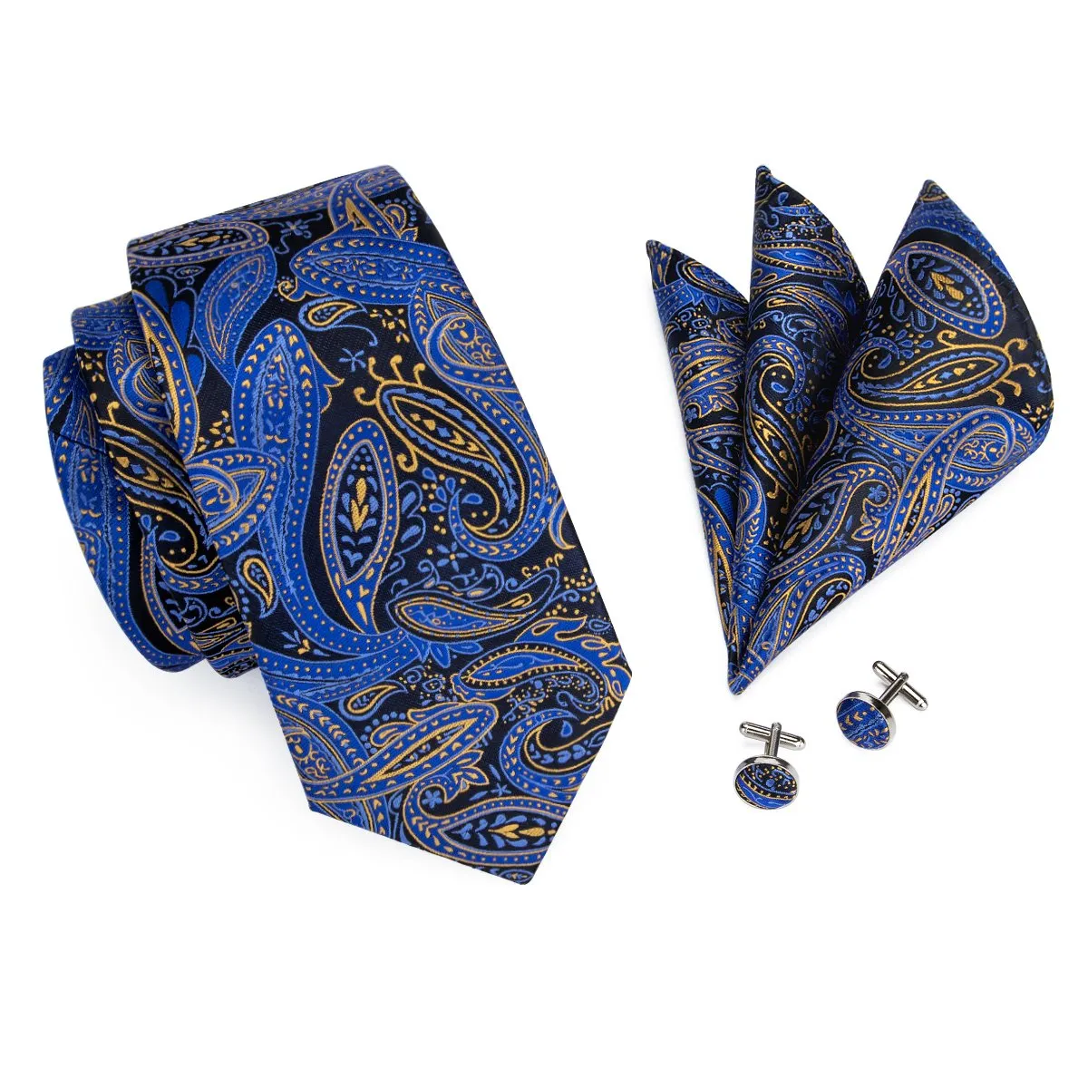 Hi-Tie Blue Yellow Paisley Tie Pocket Square Cufflinks Set Gift Box Set