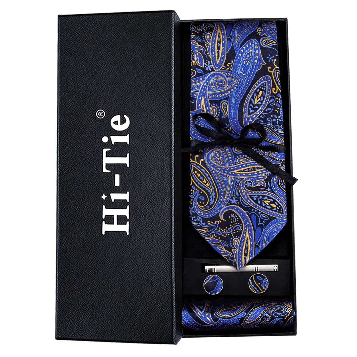 Hi-Tie Blue Yellow Paisley Tie Pocket Square Cufflinks Set Gift Box Set