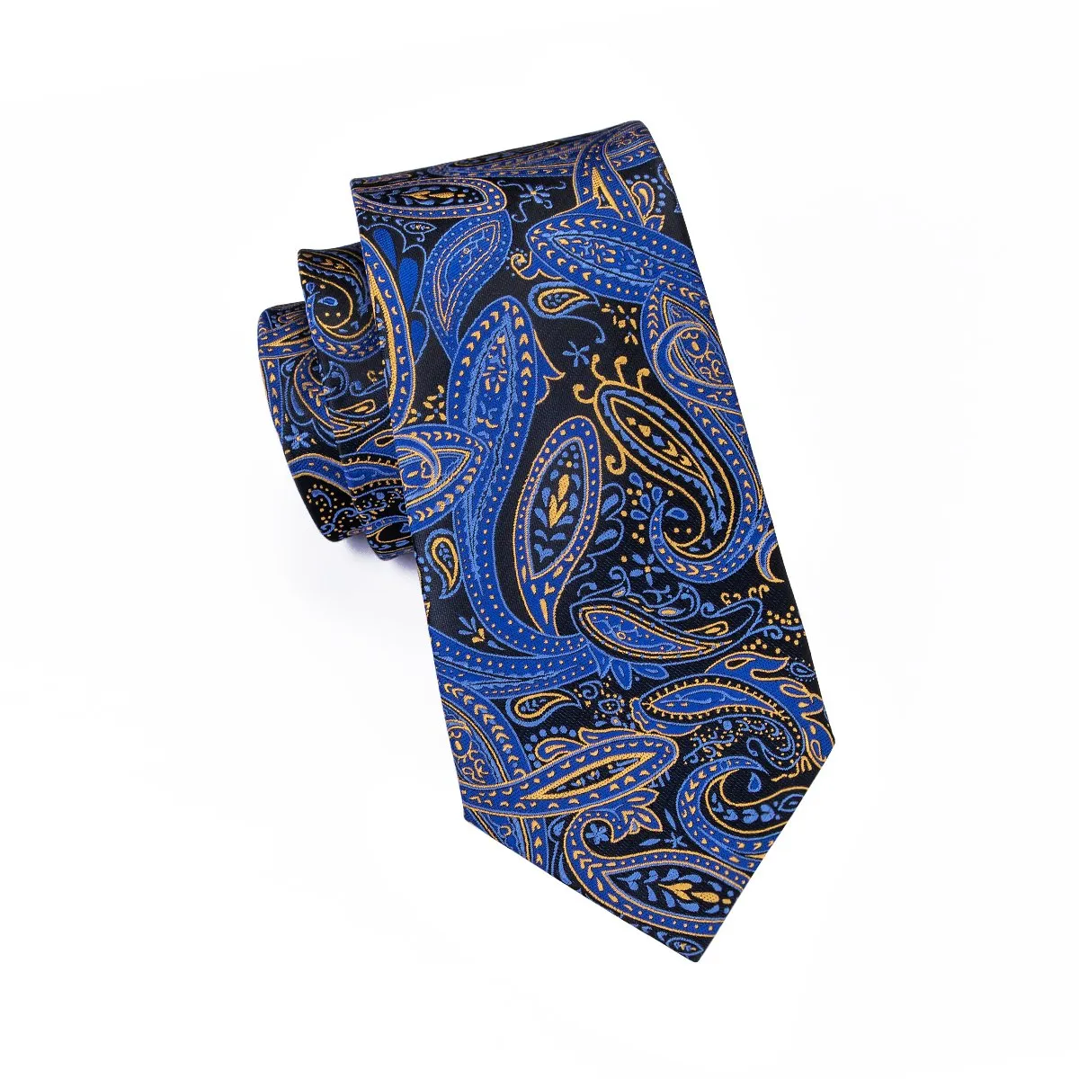 Hi-Tie Blue Yellow Paisley Tie Pocket Square Cufflinks Set Gift Box Set